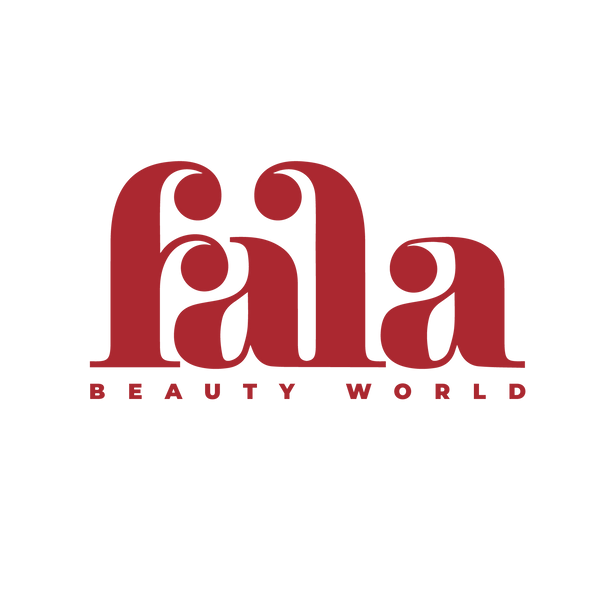 Red 'fala BEAUTY WORLD' logo on a white background